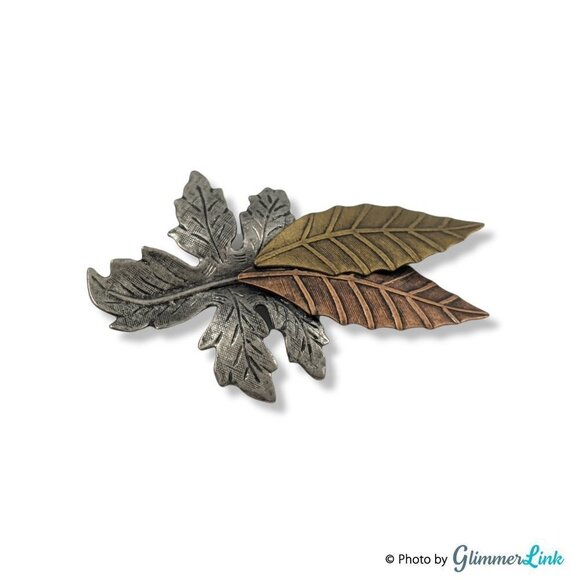 Oversized Mixed Metals Triple Leaf Fall Autumn Brooch - Picture 2 of 7